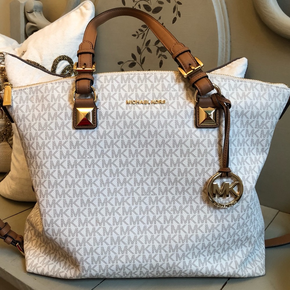 Michael Kors White & Brown Logo Tote with Gold Hardware